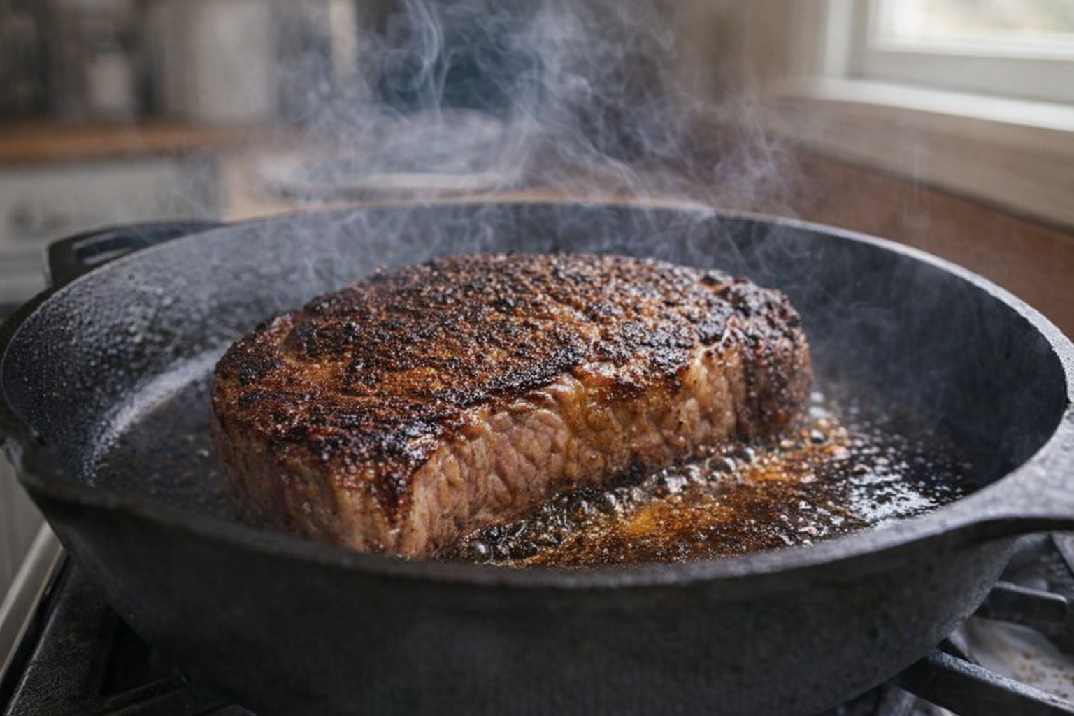 Steak searing in a cast iron skillet, close up, showing the golden-brown crust forming. High heat, with a bit of smoke rising.